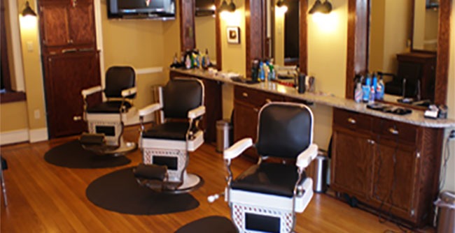 West Chester barber Shop interior showing three barber chairs